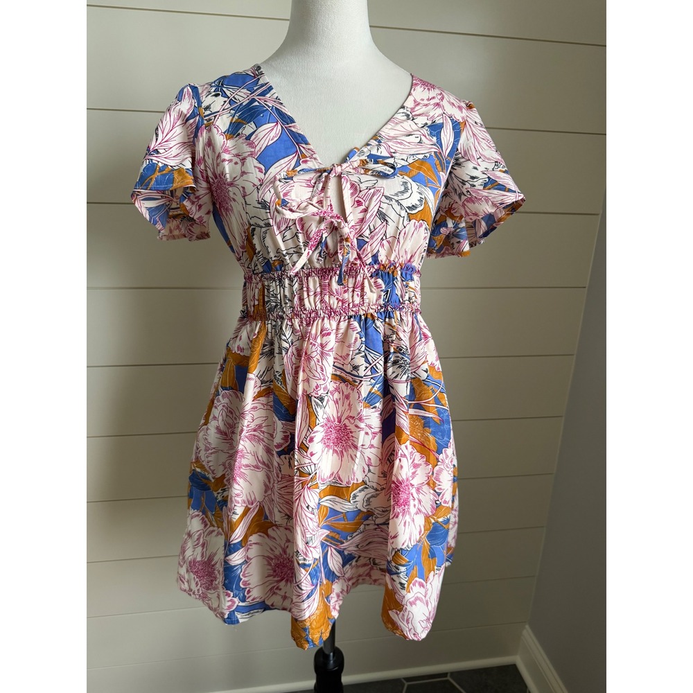 Band of the Free Floral Smocked Mini Dress Pink Blue Ochre Small NWT - Picture 2 of 9